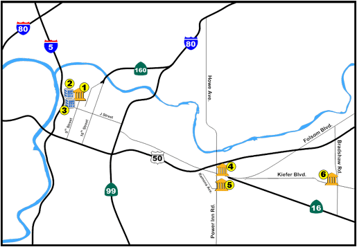 Map showing the locations of the court facilities in Sacramento